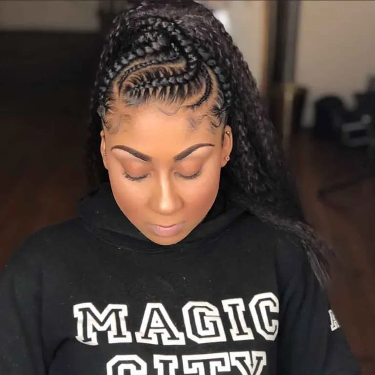 12 Twistiest Swirl Cornrows to Wow the Crowd 9 3 Braids Swirl Ponytail With Curved Stitch Method