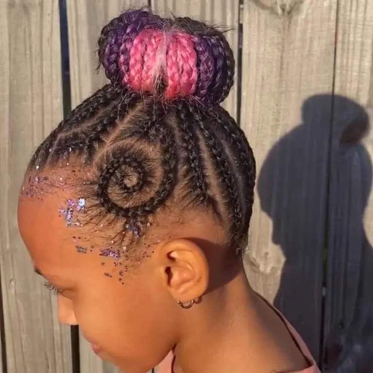 12 Twistiest Swirl Cornrows to Wow the Crowd 10 Colored Braided Bailey Bun With Swirl Cornrow