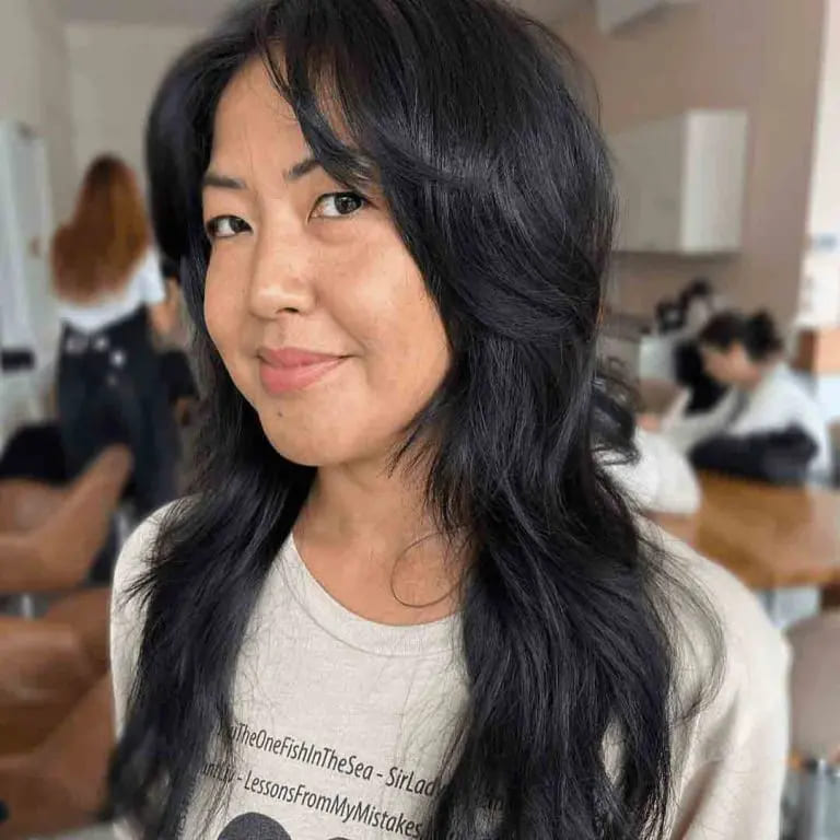 10 Classy Shaggy Wolf Cuts With Bangs 3 70’s Shaggy Wolf Cut With Curtain Bangs for Straight Hair