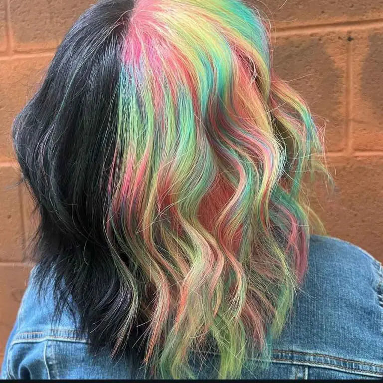 16 Gemini Hair Color Ideas to Embrace Dual-Toned Brilliance 10 Black and Rainbow Gemini Hair on Extended Bob Cut