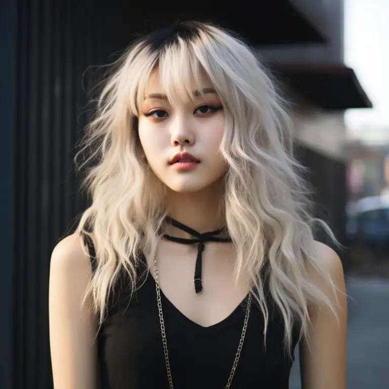 10 Sassy Wavy Wolf Cuts With Bangs 4 Blonde Wavy Wolf Cut With Sectioned Bangs and Chunky Crown Highlights