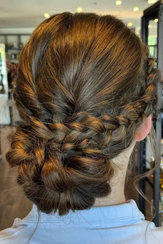 10 Elegant Long Hair Updos 2 Braided Crown With Low Twisted Bun