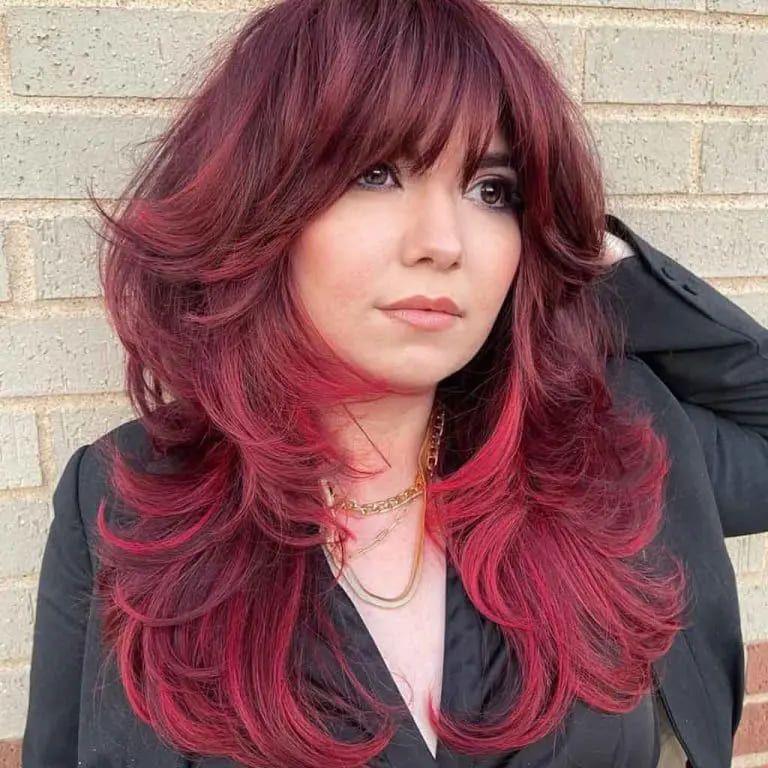 12 Butterfly Wolf Cut Ideas For Women 2 Duo-Toned Ruby Red Long Butterfly Wolf Cut With Bangs