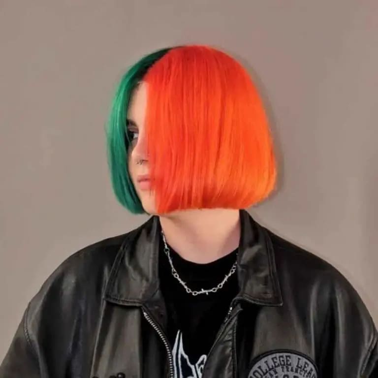12 Gemini Hair Color Ideas to Embrace Dual-Toned Brilliance 13 Forest Green and Neon Orange Gemini Hair on Straight Bob Cut