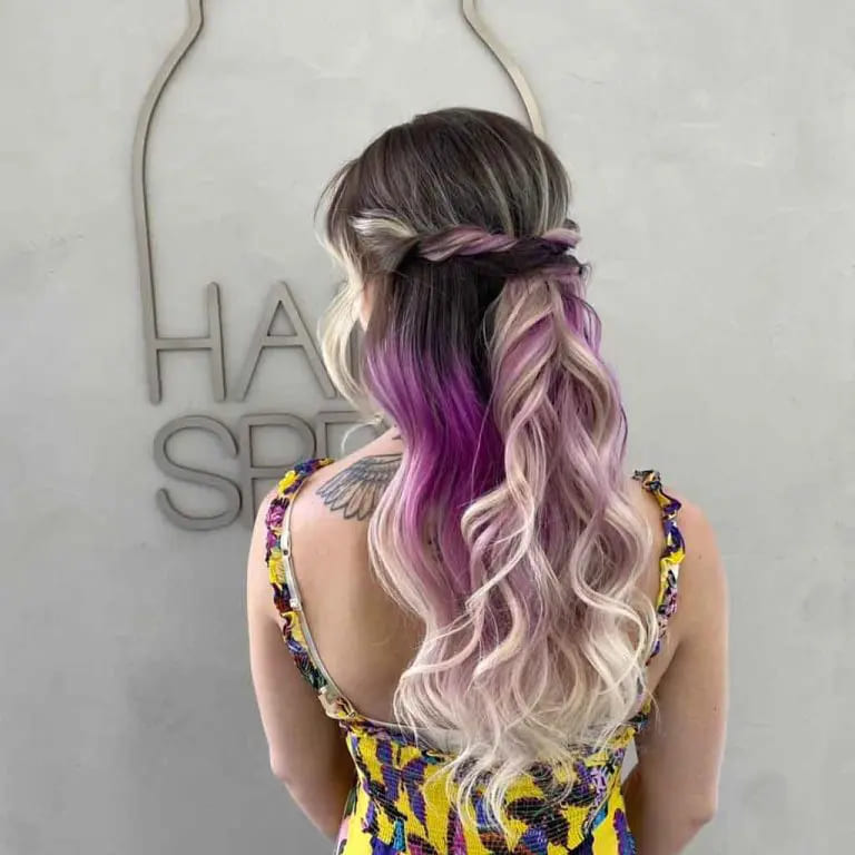 10 Elegant Hairstyles for Wavy Hair for women 11 Half-Up Half-Down Twisted Braided Hair With Purple and Blonde Highlights