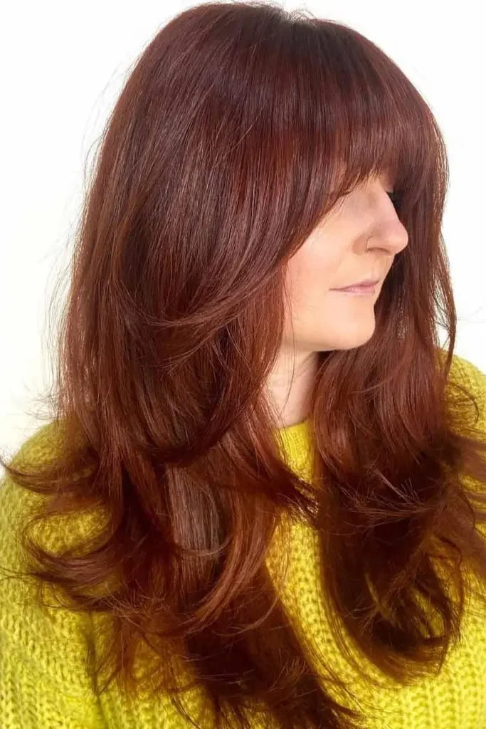 10 Fiery Chestnut Hair Color Ideas 10 Layered Blowout Chestnut Hair With Bangs