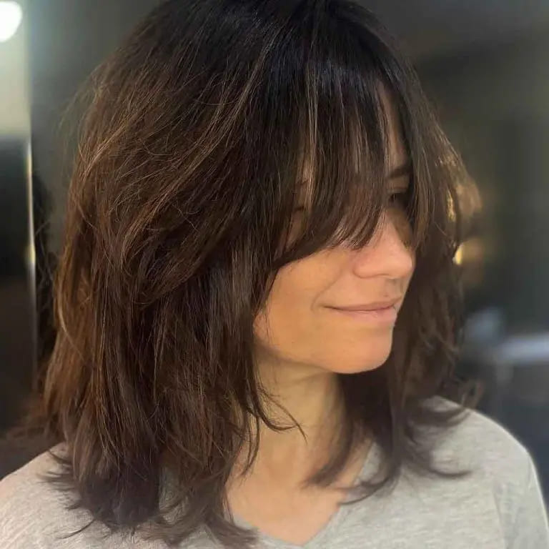 10 Brown Wolf Cut Ideas for Women to Elevate Your Style! 6 Medium Dark Brown Wolf Cut With Long Bottleneck Bangs and Light Blonde Highlights