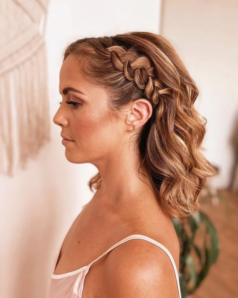 12 Stunning Hairstyles for Bridesmaids 3 Medium Wavy Hair With Pull-Through Side Braid Tucked Behind the Ear