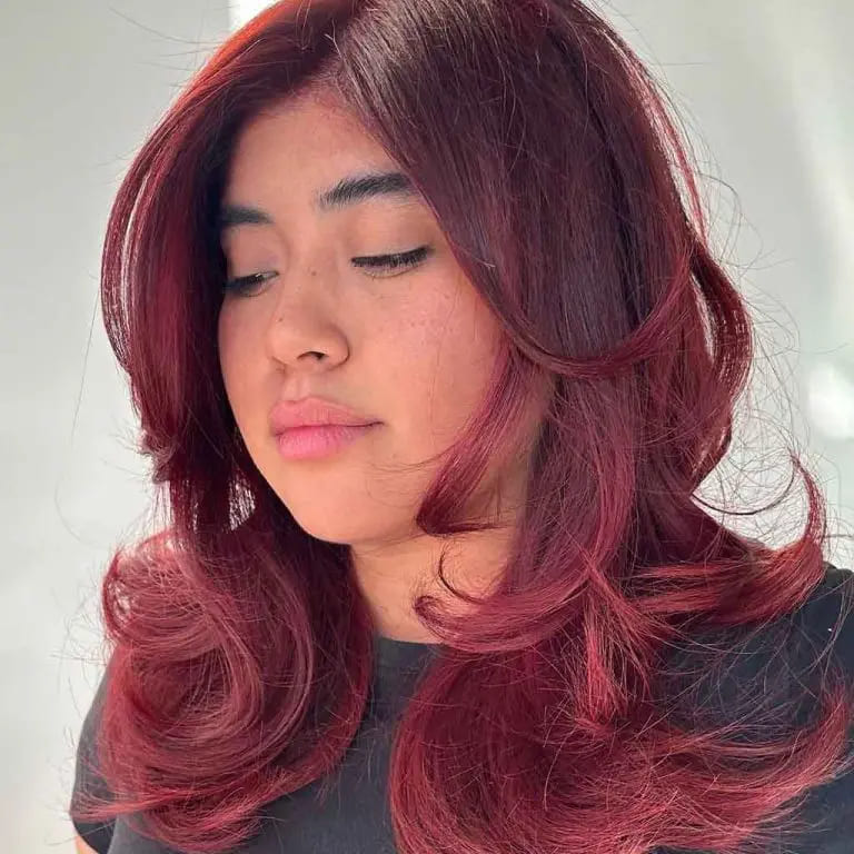 12 Butterfly Wolf Cut Ideas For Women 9 Medium Wavy Japanese Carmine Butterfly Wolf Cut Without Bangs