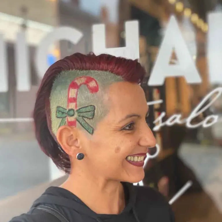 10 Christmas Hairstyles for You to Rock This Christmas. 6 Short Mohawk Burgundy Christmas Hair With Mint Candy Design Undercut