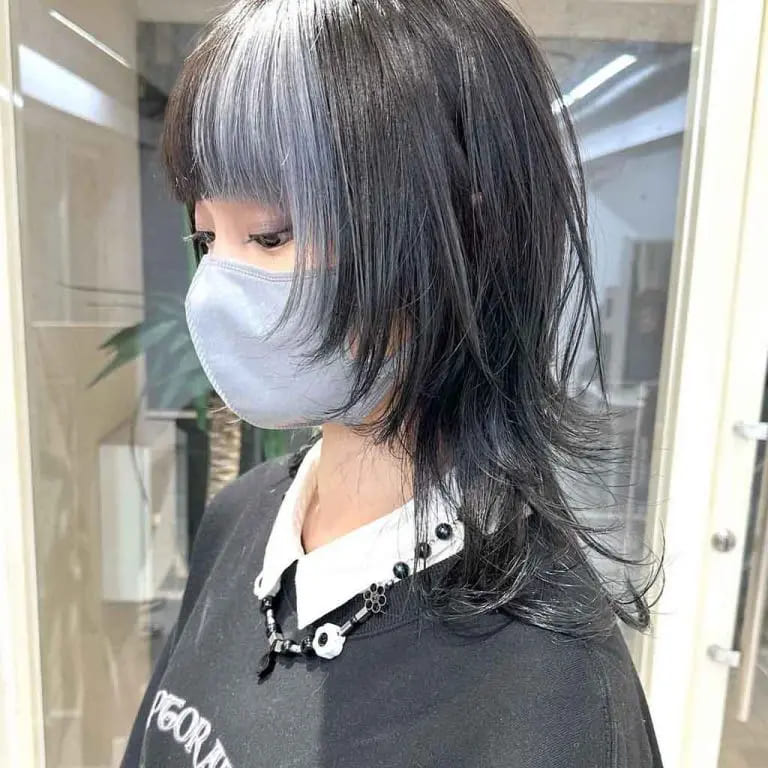 10 Black Wolf Cut Ideas for Women Ultimate Elegance 11 Slate Black Medium Jellyfish Wolf Cut With Blunt Choppy Bangs and Ash Grey Highlights