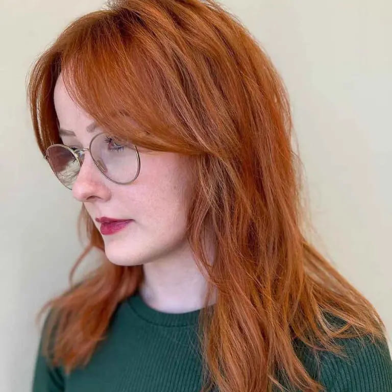 10 Spicy Ginger Wolf Cut Ideas for women 9 Straight Medium Chestnut Ginger Wolf Cut With Long Curtain Bangs