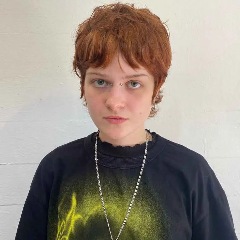 12 Short Wolf Cuts With Curtain Bangs 4 Tousled Brunette Pixie Wolf Cut With Choppy Curtain Bangs