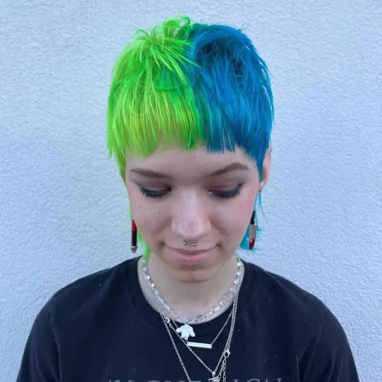 16 Gemini Hair Color Ideas to Embrace Dual-Toned Brilliance 6 True Blue and Lime Green Pixie Gemini Hair With Choppy Micro Bangs