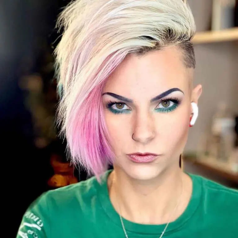 12 Edgy Side-Shaved Hairstyles to Stand Out 4 Half Shaved Bleached Blonde Pixie Cut With Pink Highlights