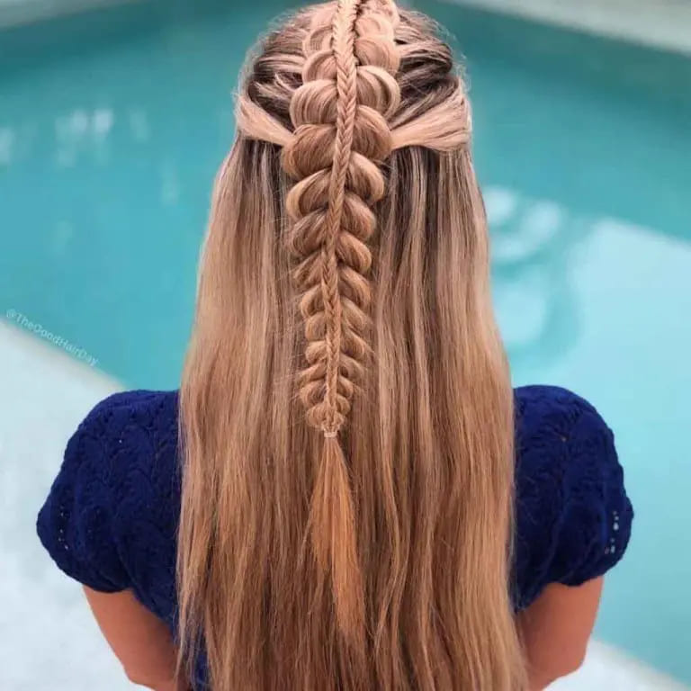 12 Gorgeous Dutch Braid Hairstyles 2 Stacked Dutch Braid With Fishtail on Long Bronde Hair