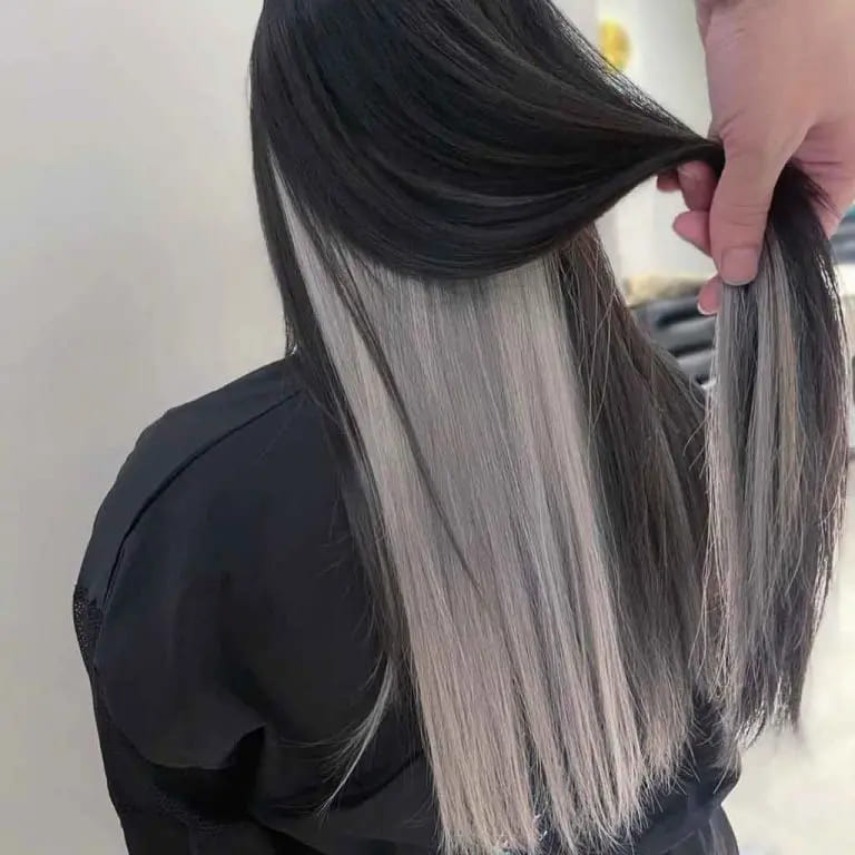 12 Shining Hairstyles With Silver Highlights 6 Long Black Straight Hair With Under Dyed Silver Highlights