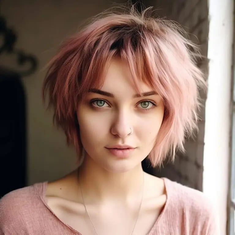 10 Short Wolf Cuts With Curtain Bangs 11 Wolf Cut on Short Misty Rose Pink Hair With Choppy Curtain Bangs