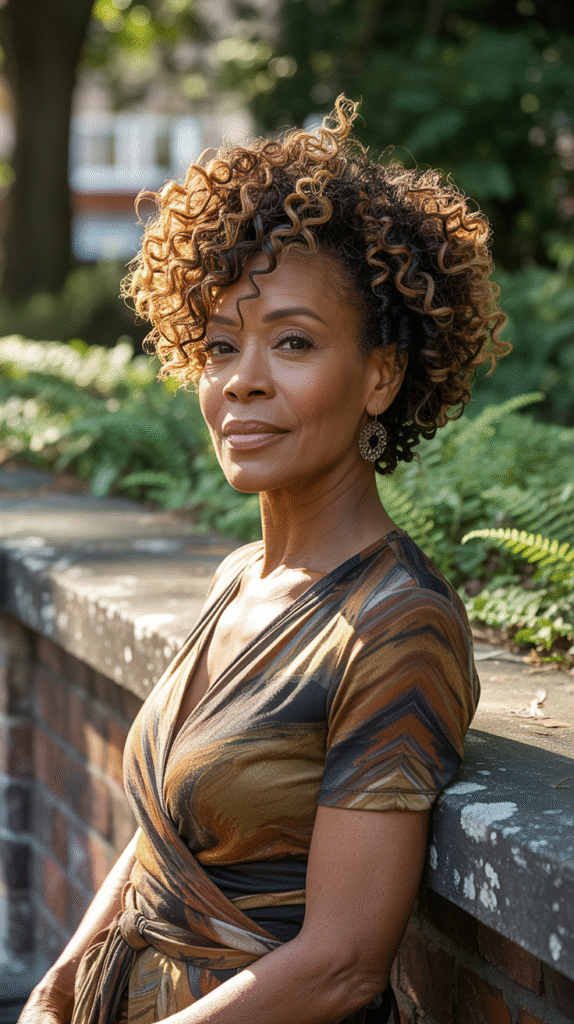 20 Older Black Women Hairstyles for Over 50 9 Asymmetrical Curly Mohawk with Highlights