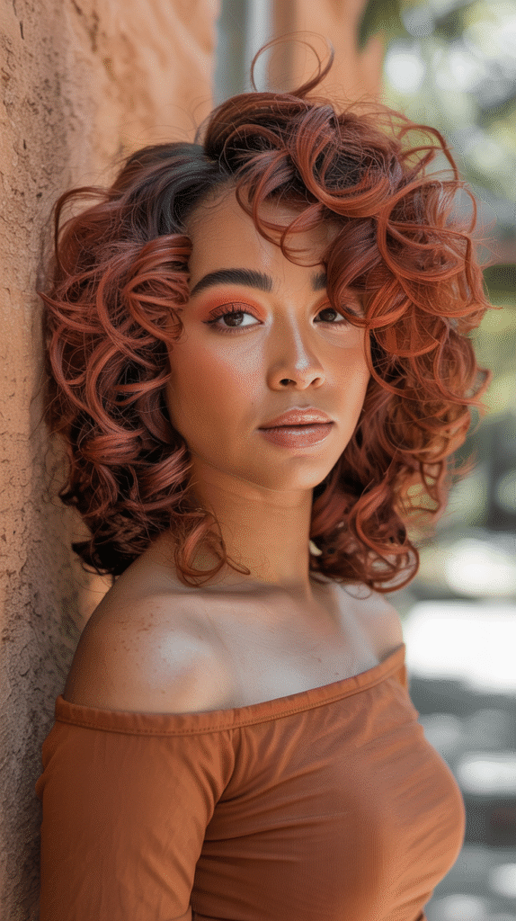 22 Flattering Hair Color Ideas for Brown Skin 8 Auburn Curls with Full Volume