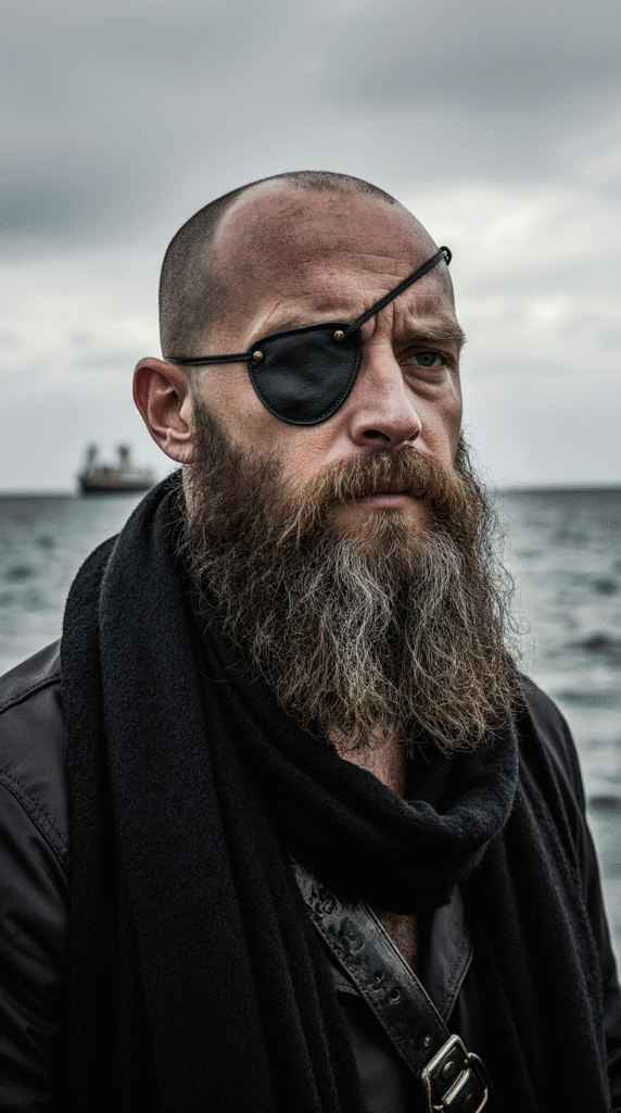 22 Pirate Hairstyles for Men 5 Bald with Beard and an Eyepatch