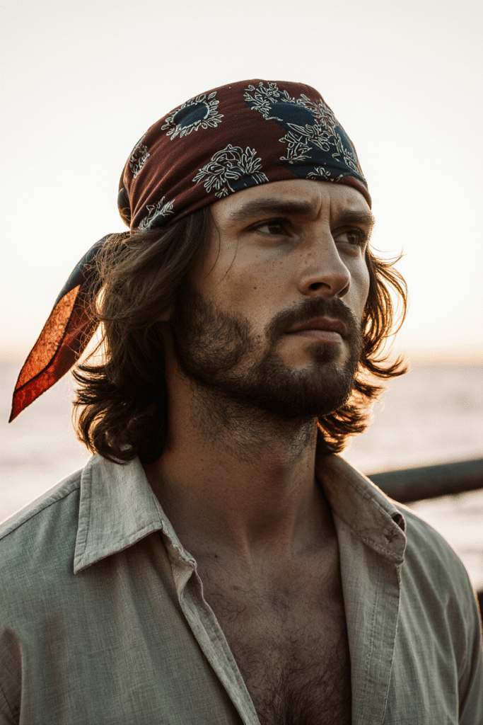 22 Pirate Hairstyles for Men 2 Bandana Completely Covering the Top of Medium Length Wavy Hair 1