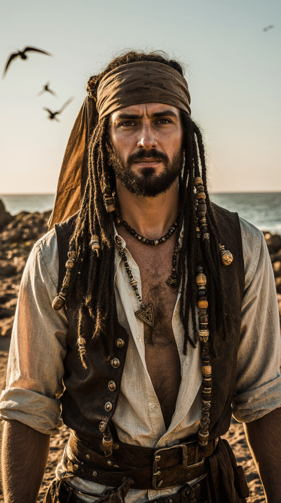 22 Pirate Hairstyles for Men 3 Bandana Over Medium Length Hair Heavily Adorned with Beads