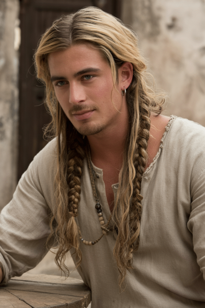 22 Pirate Hairstyles for Men 4 Beaded Dirty Blonde Long Hair with Two Low Braids and Face Framing Braided Tendrils