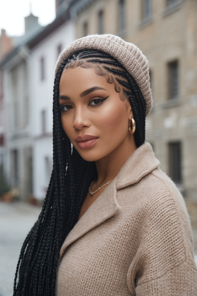 22 Beanie Hairstyles for Black Women 4 Beanie Over Cornrows