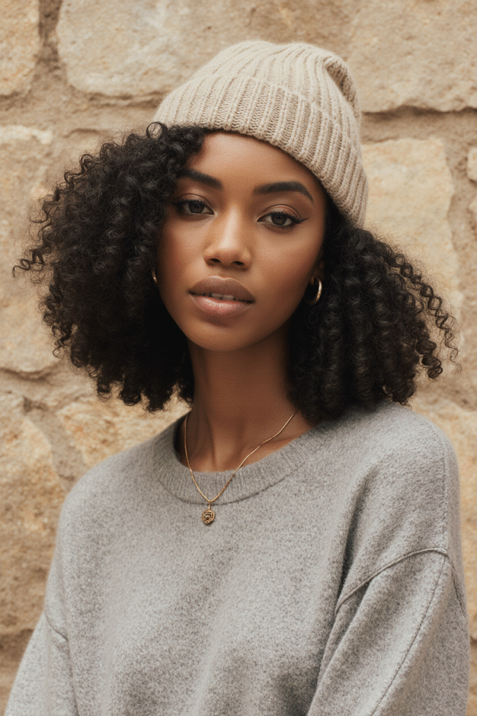 22 Beanie Hairstyles for Black Women 6 Beanie Over Curly Side Parted Bob