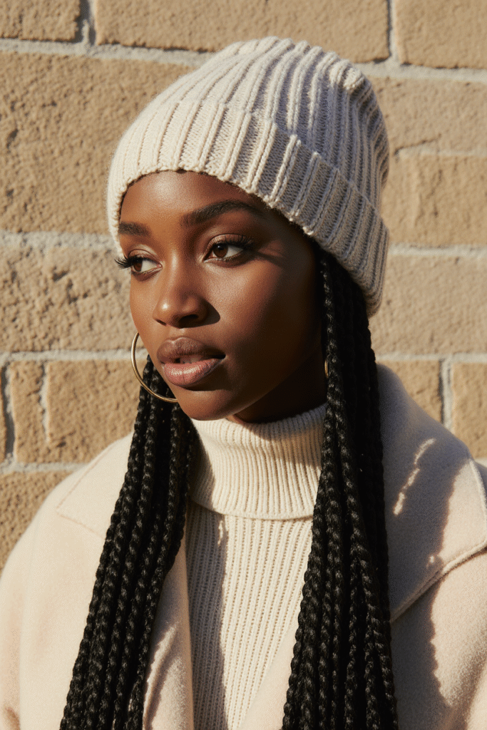 22 Beanie Hairstyles for Black Women 9 Beanie Over Long Box Braids