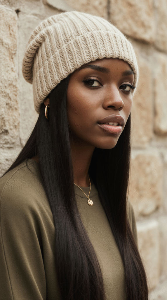 22 Beanie Hairstyles for Black Women 12 Beanie Over Long Straight Hair