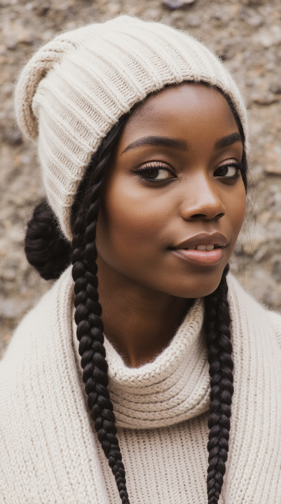 22 Beanie Hairstyles for Black Women 13 Beanie Over Low Braided Bun with Braided Framing Tendrils