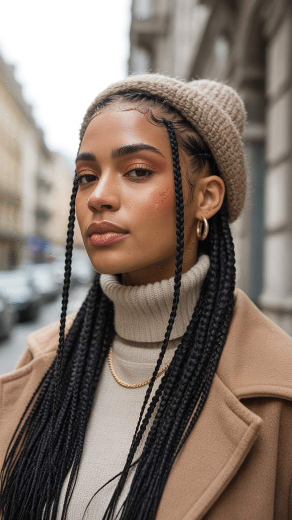 22 Beanie Hairstyles for Black Women 14 Beanie Over Low Braided Pigtails with Braided Framing Tendrils