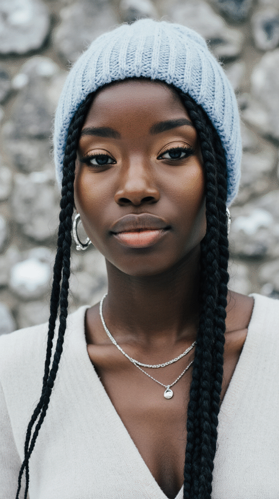 22 Beanie Hairstyles for Black Women 15 Beanie Over Low Ponytail Braids with Braided Framing Tendrils