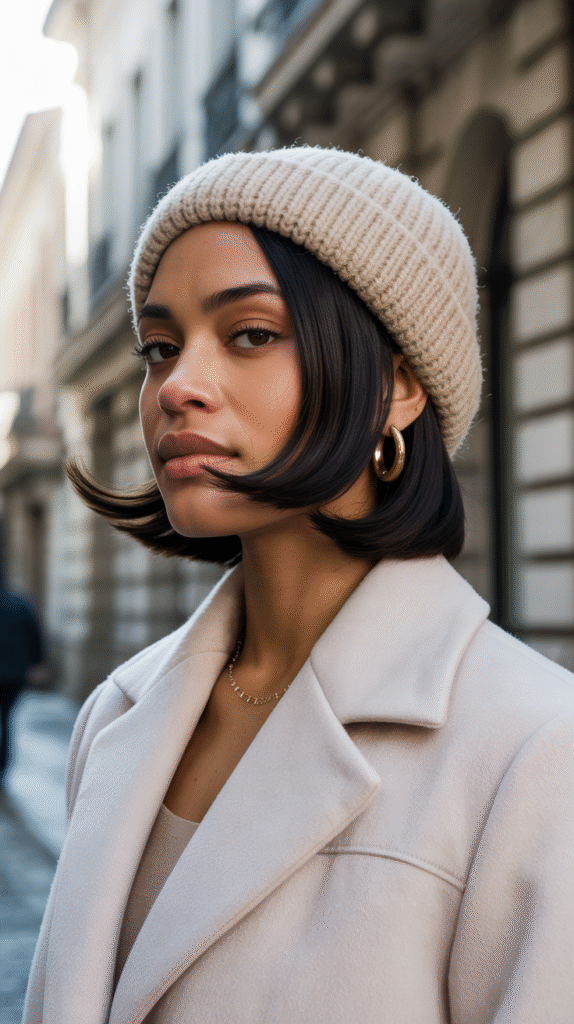 22 Beanie Hairstyles for Black Women 23 Beanie Over Sleek Bob with Flipped In Ends