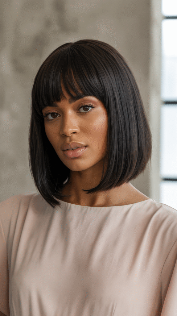 15 Straight Hairstyles for Black Women 12 Blunt Bob with Bangs 1