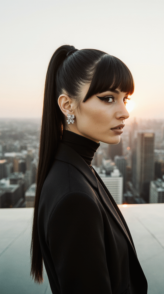 21 Sleek Ponytail Hairstyles 3 Blunt Cut Sleek Ponytail with Blunt Bangs