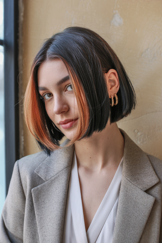 27 Inspiring Black Hair with Brown Highlights Ideas 14 Bob Cut with Copper Brown Accents