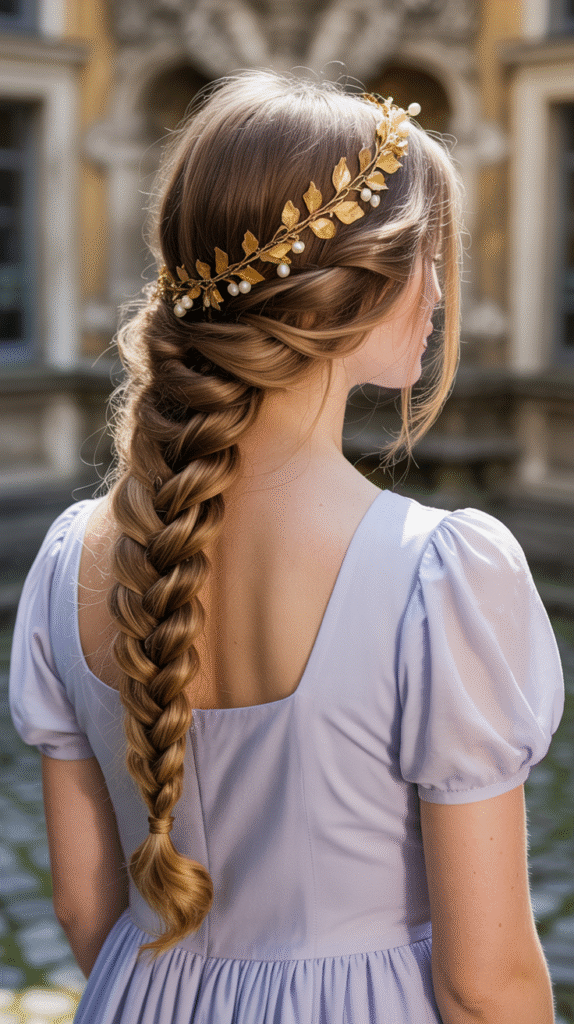 15 Dreamy Princess Hairstyles 15 Braided Fishtail with Golden Headpiece