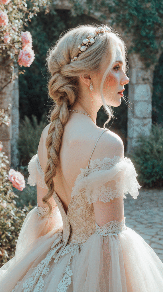 15 Dreamy Princess Hairstyles 3 Braided Low Bun with Vintage Lace 2