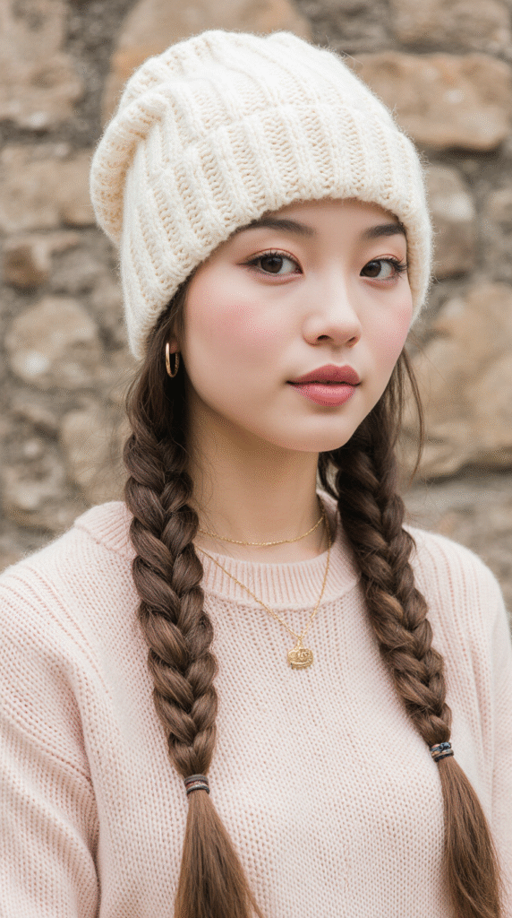 25 Mastering Beanie Hairstyles 9 Braided Pigtails with a Beanie