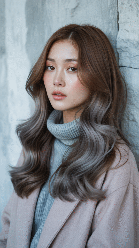 24 Winter Balayage Ideas for Brunettes 8 Brunette with Ash Gray Balayage for a Cool Winter Look