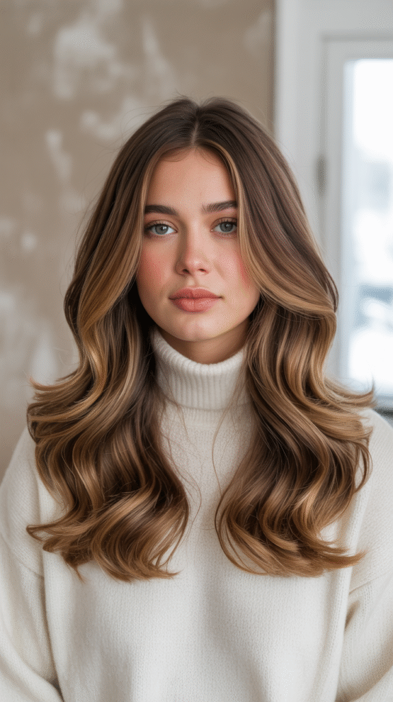 24 Winter Balayage Ideas for Brunettes 12 Brunette with Sun Kissed Honey Balayage Waves