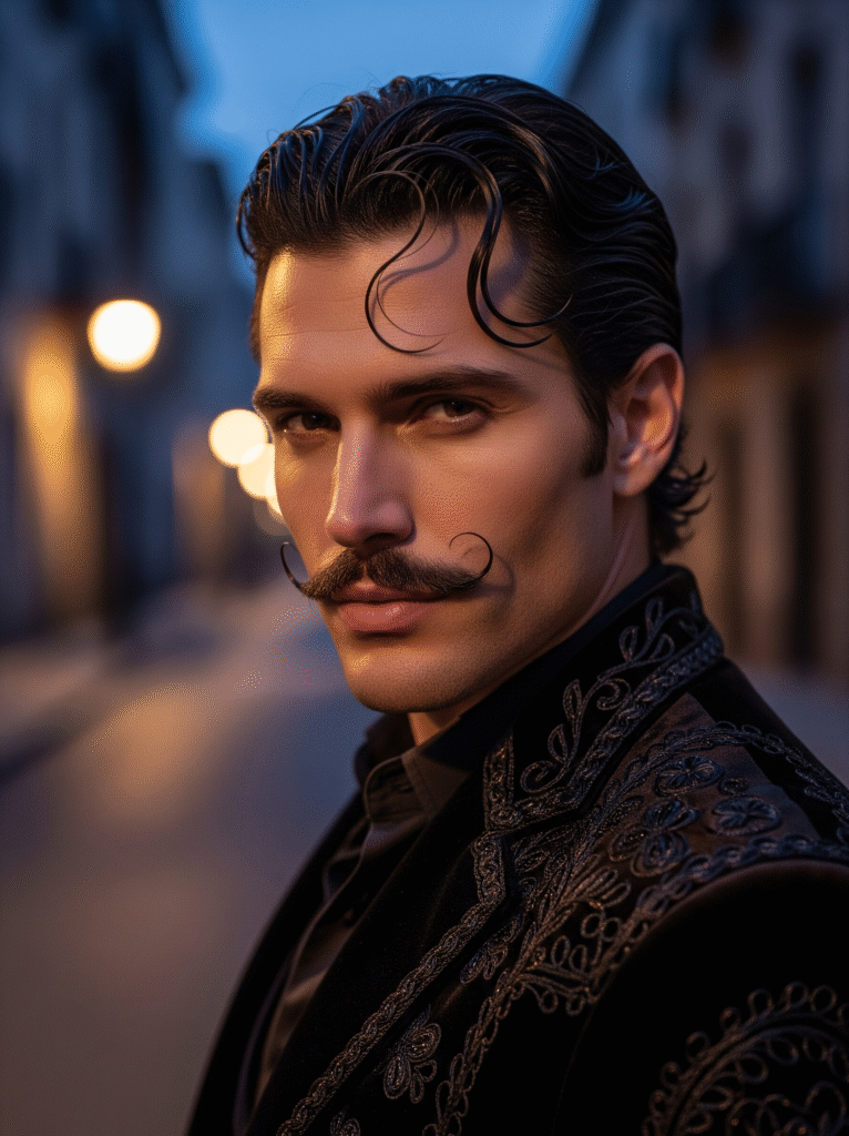 19 Halloween Hairstyles for Men 2 Bullfighter Wavy Slicked Back Hair with Curled Mustache 1