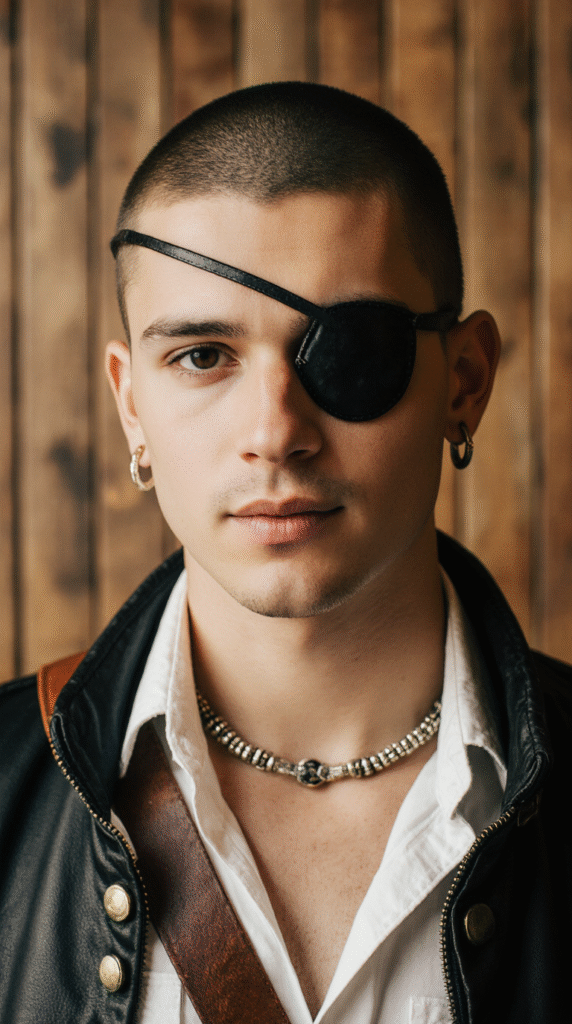 22 Pirate Hairstyles for Men 7 Buzz Cut with Eyepatch