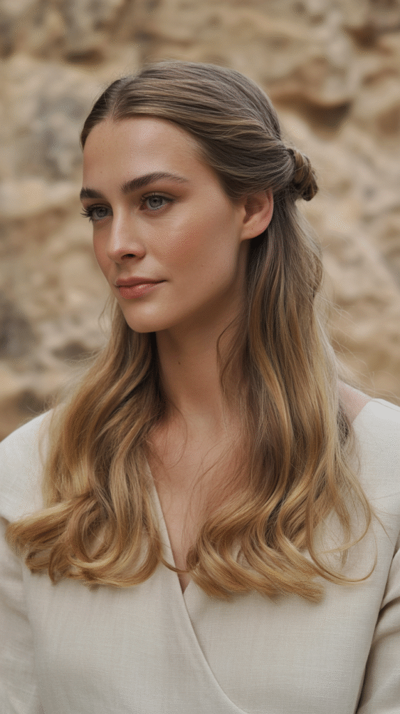 15 Highlights on Dirty Blonde Hair 9 Caramel Highlights with a Half Up Twist