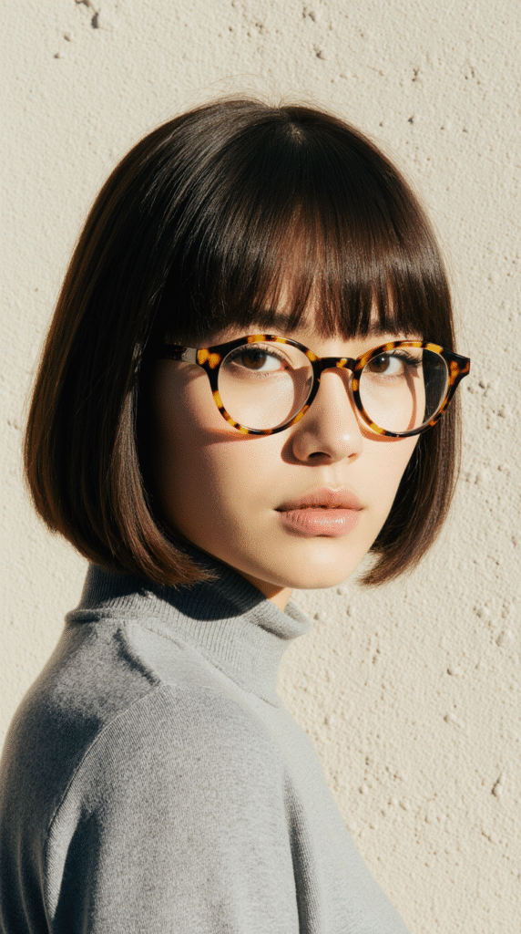 15 Chic Bob Hairstyles with Bangs 16 Classic Bob with Full Bangs and Glasses