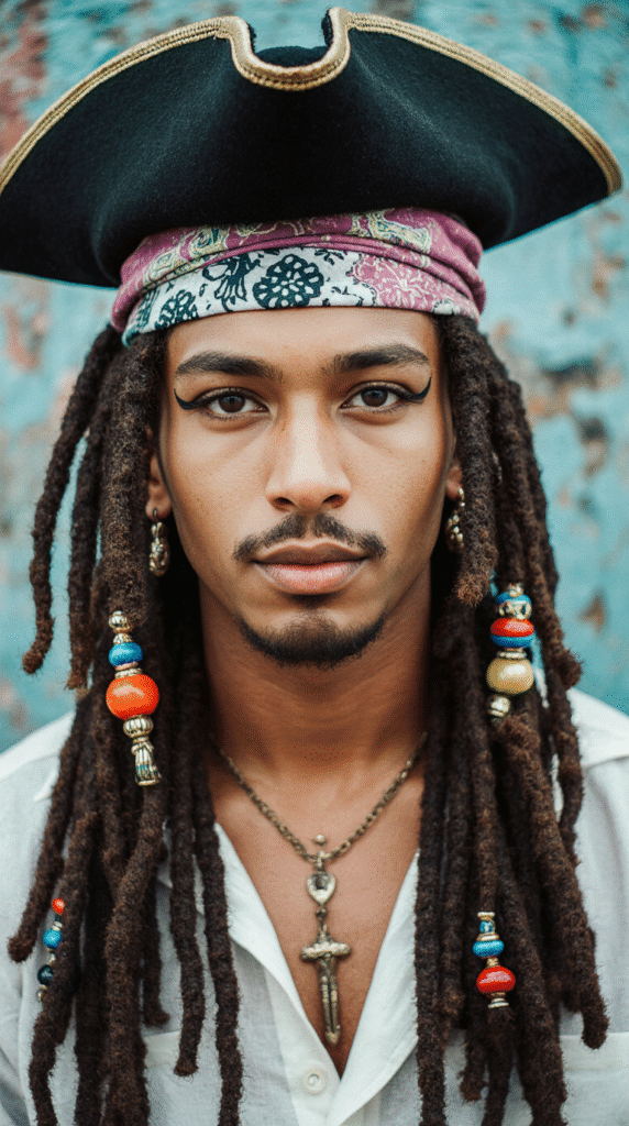 22 Pirate Hairstyles for Men 8 Classic Dreadlocks with Beads Mixed with Free Hair and a Pirate Hat and Bandana
