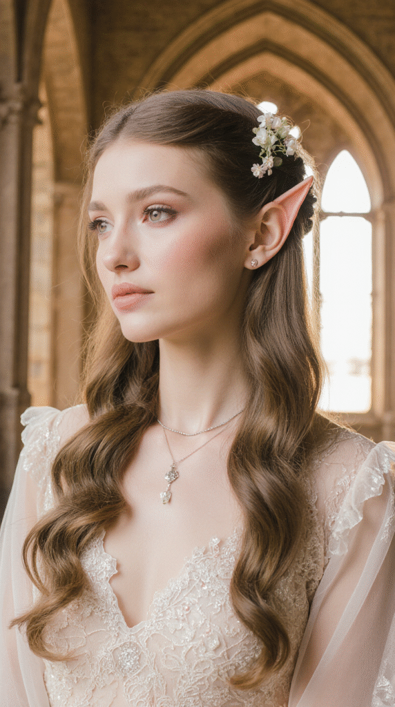 19 Fairy Hairstyles 4 Classic Half Up Half Down with Loose Waves and Pointy Ears